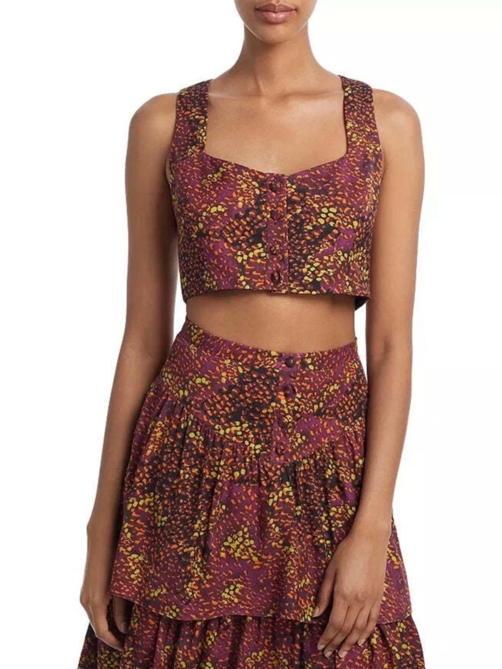 NWT Undra Celeste New York Button-Up Sleeveless Crop Top in “Rich Berry Animal”